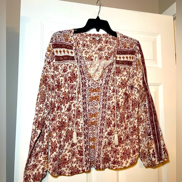 Lucky Brand Tops - Lucky Brand Woman’s Blouse Size Large Beads & Tassel V Neck Boho Long Sleeves
